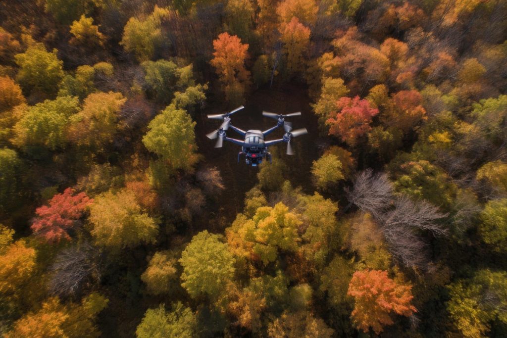 Θερμικό drone πετά πάνω από δάσος.